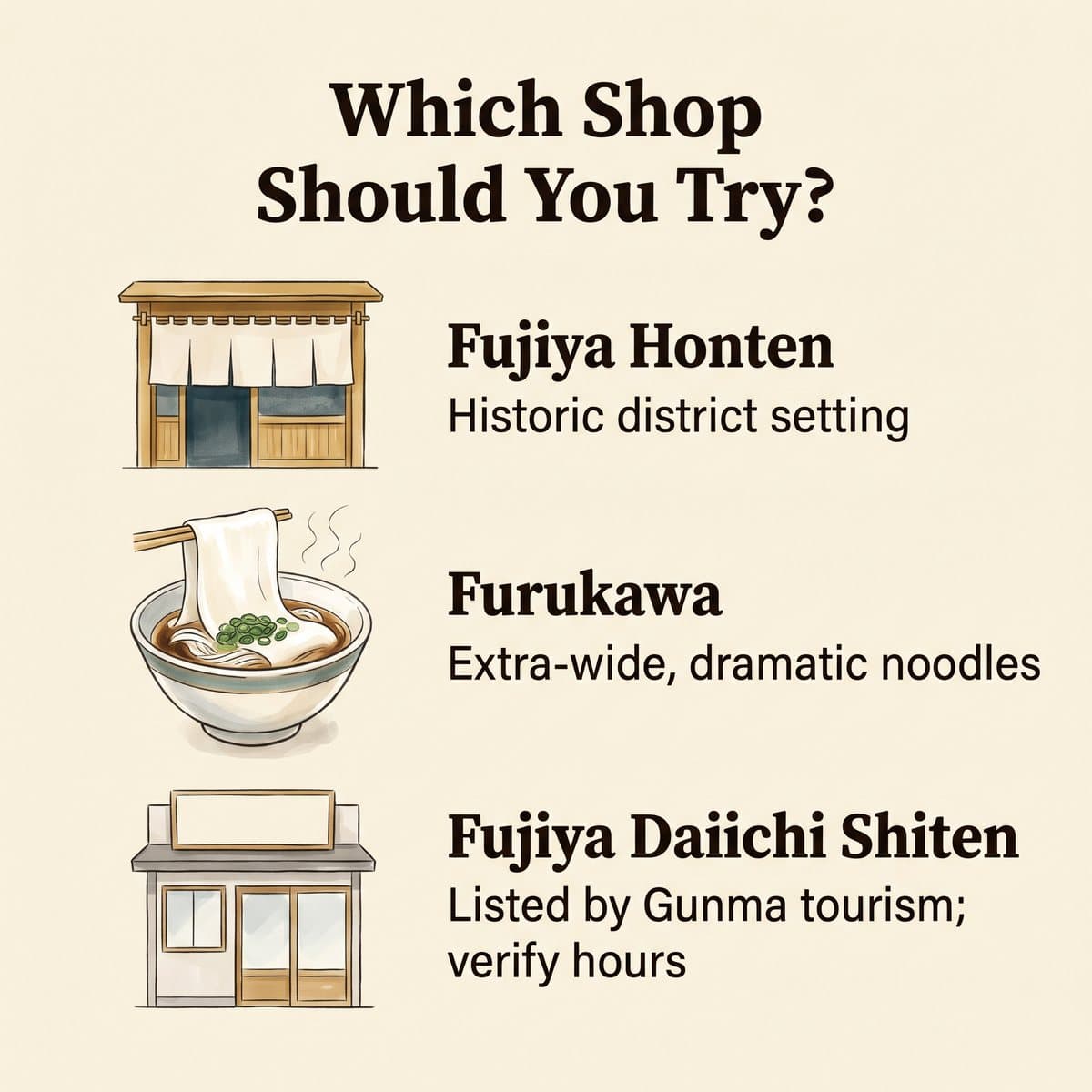 Kiryu에서 가 볼 만한 가게를 보여 주는 일러스트: Fujiya Honten, Furukawa, Fujiya Daiichi Shiten