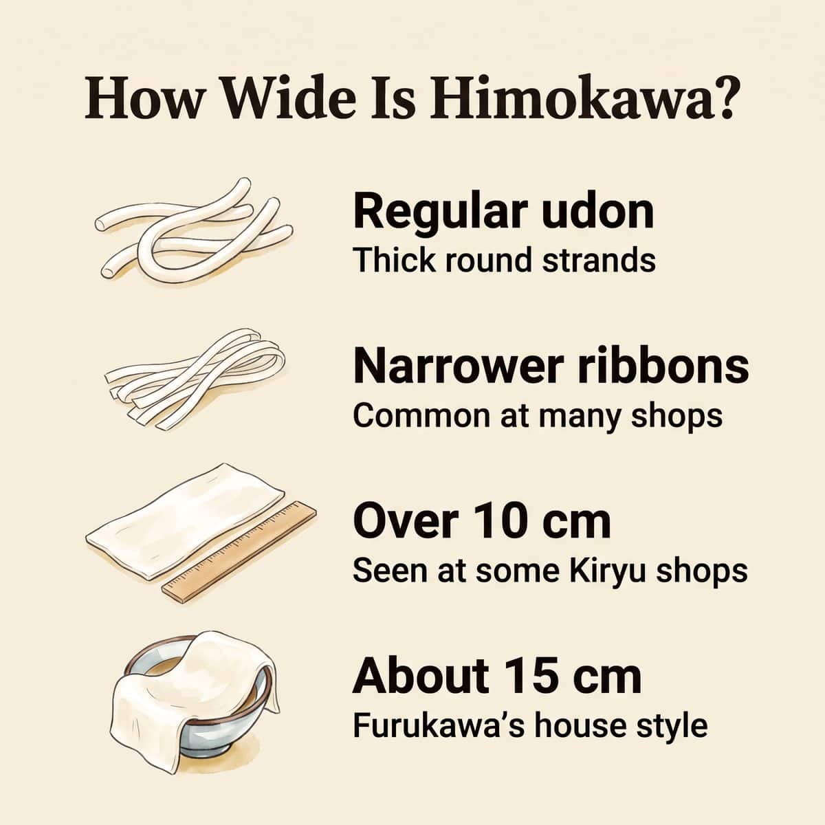 면 폭을 비교하는 일러스트: 일반 우동, 더 좁은 리본 면, 10 cm 이상, 약 15 cm