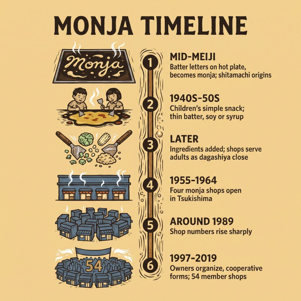 Lini masa monjayaki dari era Meiji hingga 54 toko anggota pada 2019