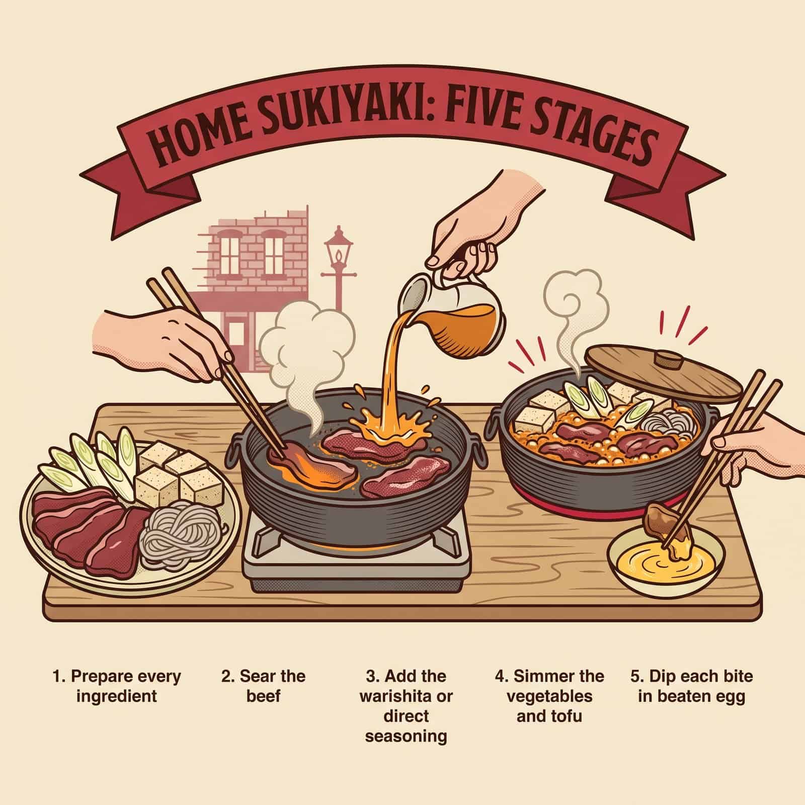 Illustration der fünf Schritte, Sukiyaki zu Hause zuzubereiten: vorbereiten, Rindfleisch anbraten, Warishita zugeben, köcheln lassen und in verquirltes Ei tunken