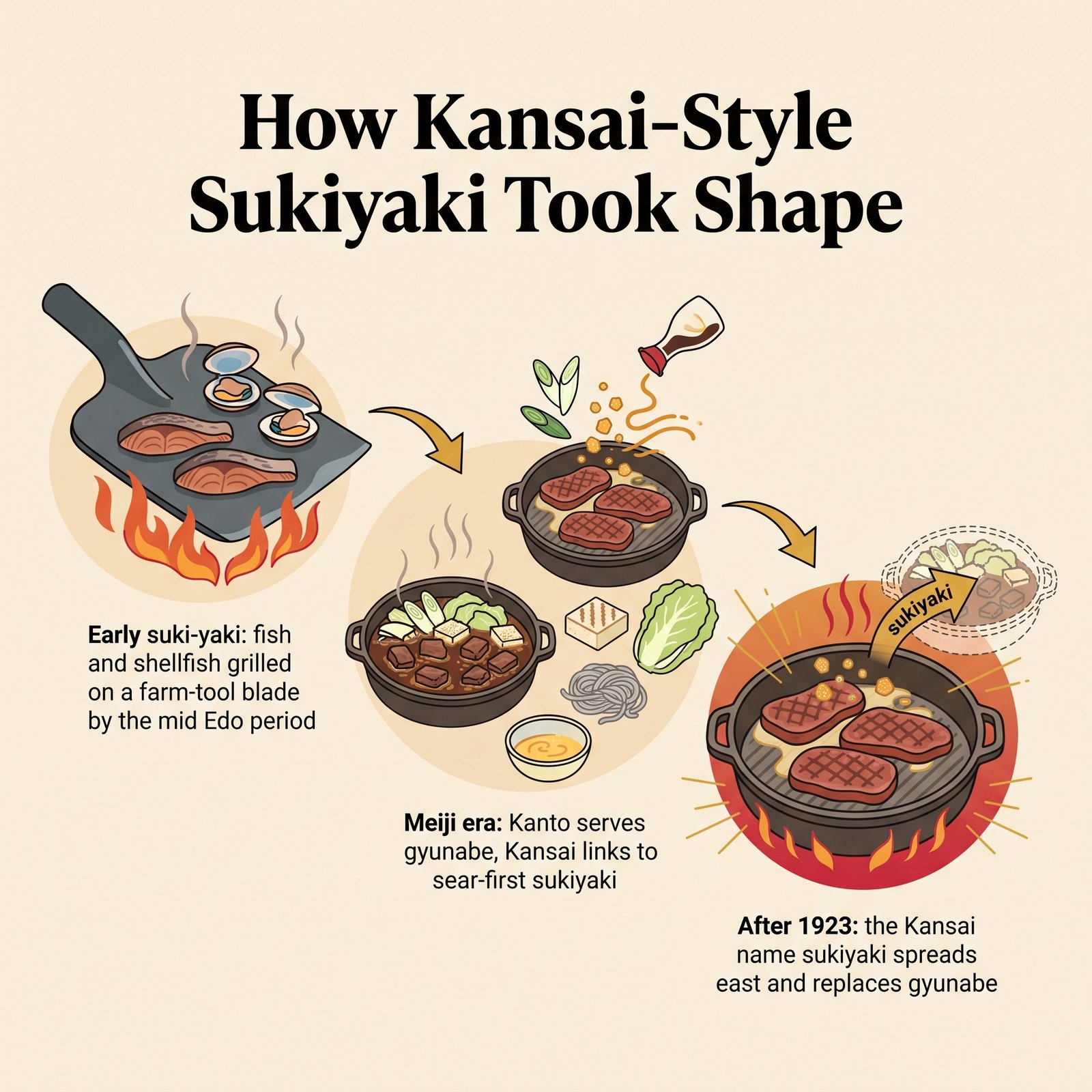 Diagrama cronológico de cómo tomó forma el sukiyaki estilo Kansai, desde el antiguo suki-yaki asado hasta la era Meiji y el nombre sukiyaki tras 1923