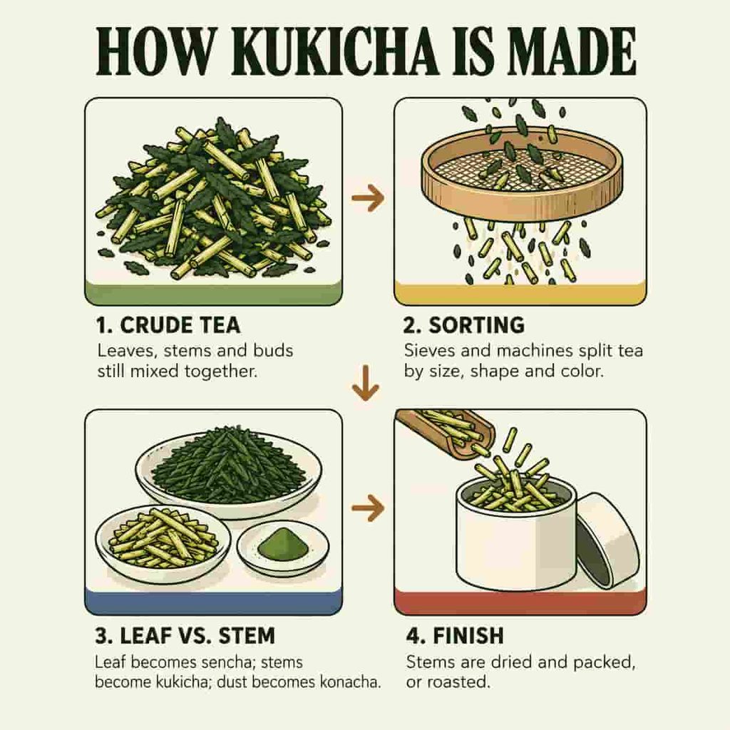 Four-step diagram showing how kukicha is sorted from crude tea during the finishing stage of Japanese tea production.
