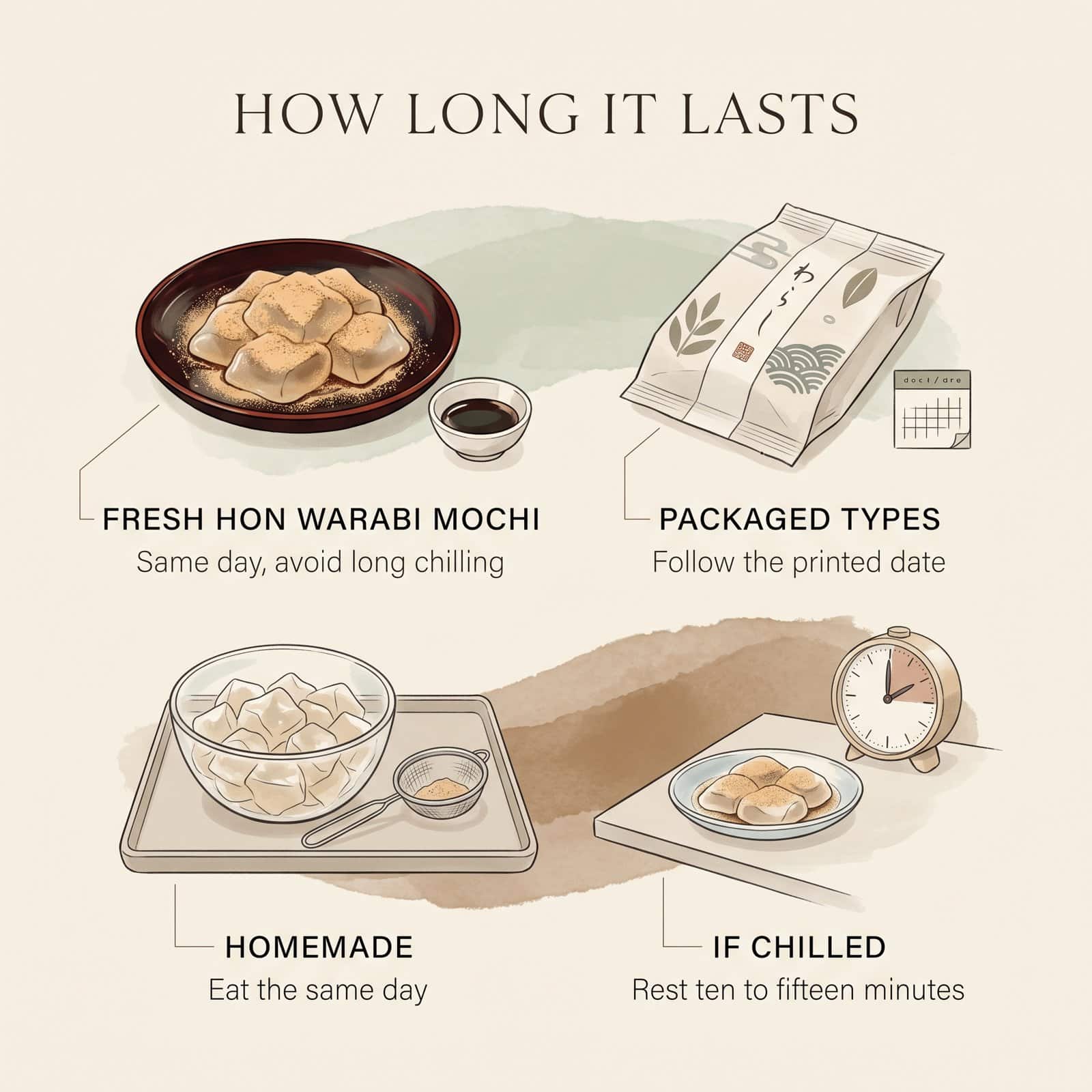 Illustration, wie lange sich Warabi Mochi hält: frisches Hon Warabi Mochi, verpackte Sorten, selbstgemacht und gekühlt