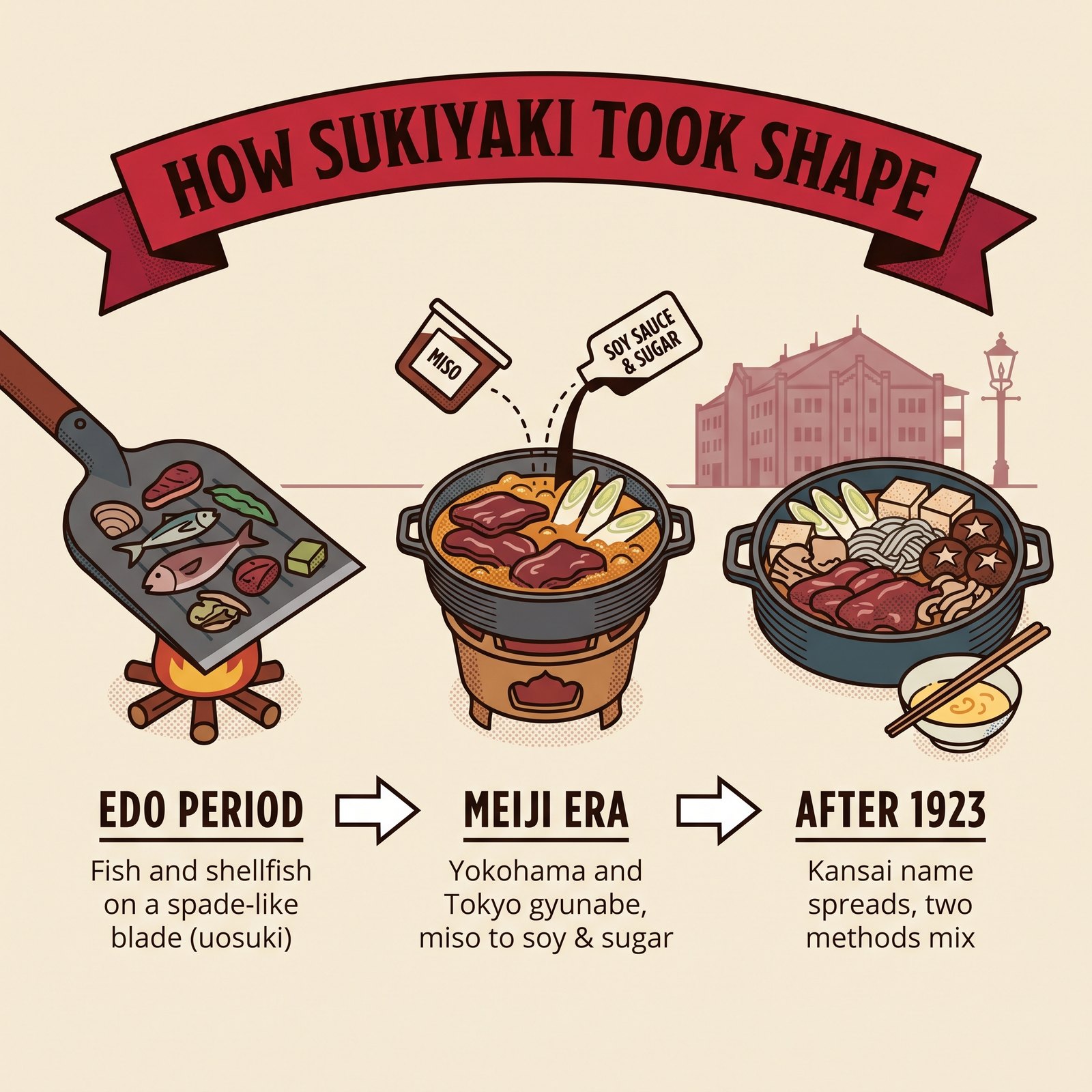 Illustrierte Zeitleiste des Sukiyaki vom gegrillten Fisch der Edo-Zeit über das Gyunabe der Meiji-Zeit bis zur Verschmelzung der Stile nach 1923