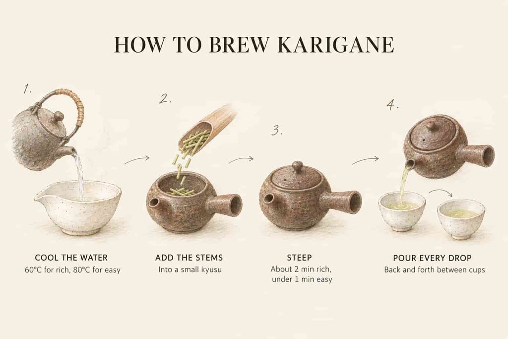 Illustrated four-step guide to brewing karigane: cooling the water, adding the stems, steeping and pouring every drop
