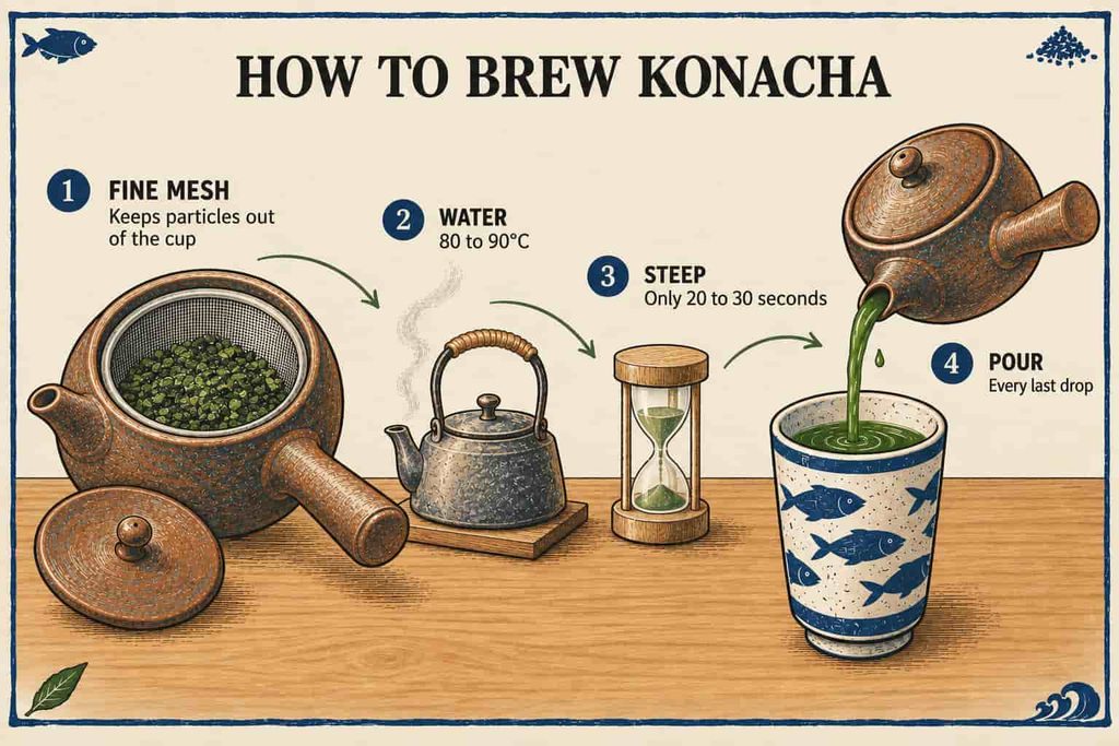 Illustrated guide to brewing konacha in four numbered steps: a fine mesh kyusu, water at 80 to 90°C, a 20 to 30 second steep and pouring every last drop