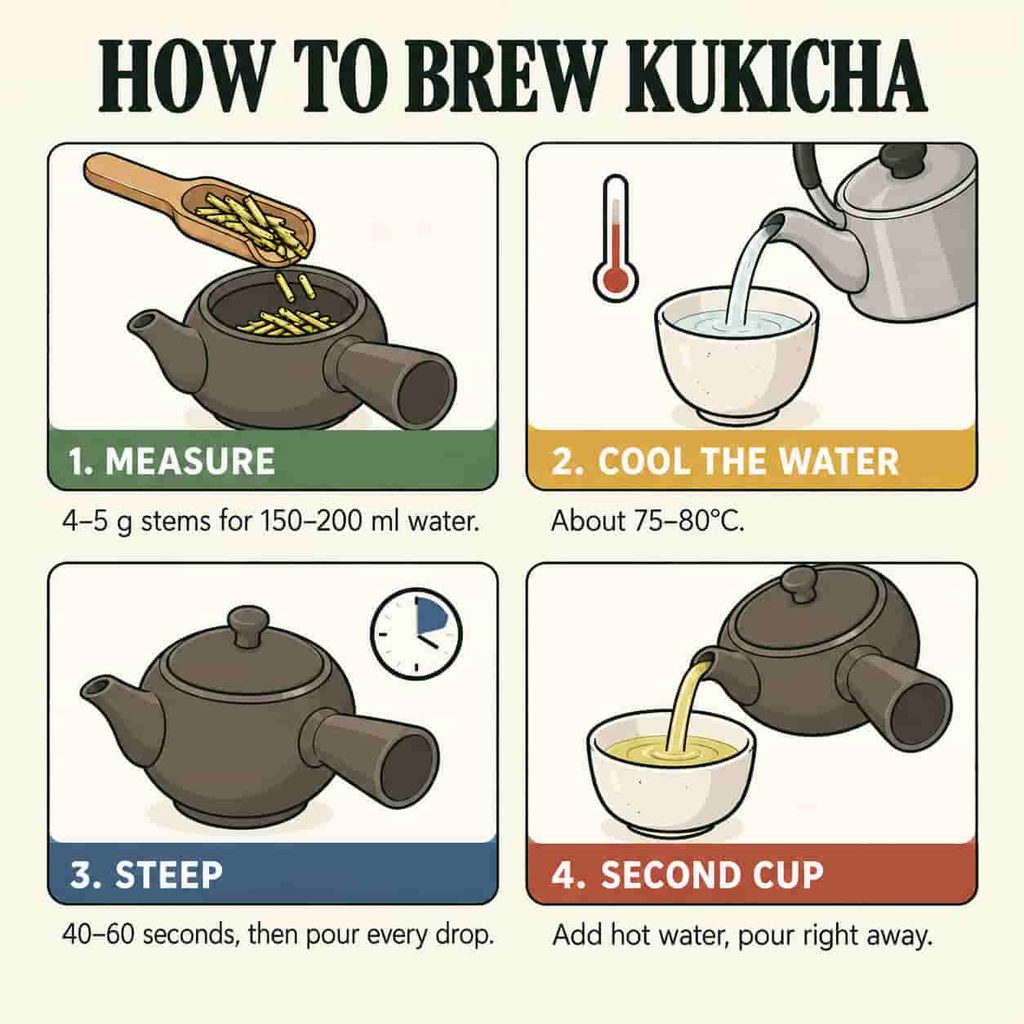 Four steps for brewing kukicha in a Japanese teapot: measuring the stems, cooling the water, steeping, and pouring a second cup.