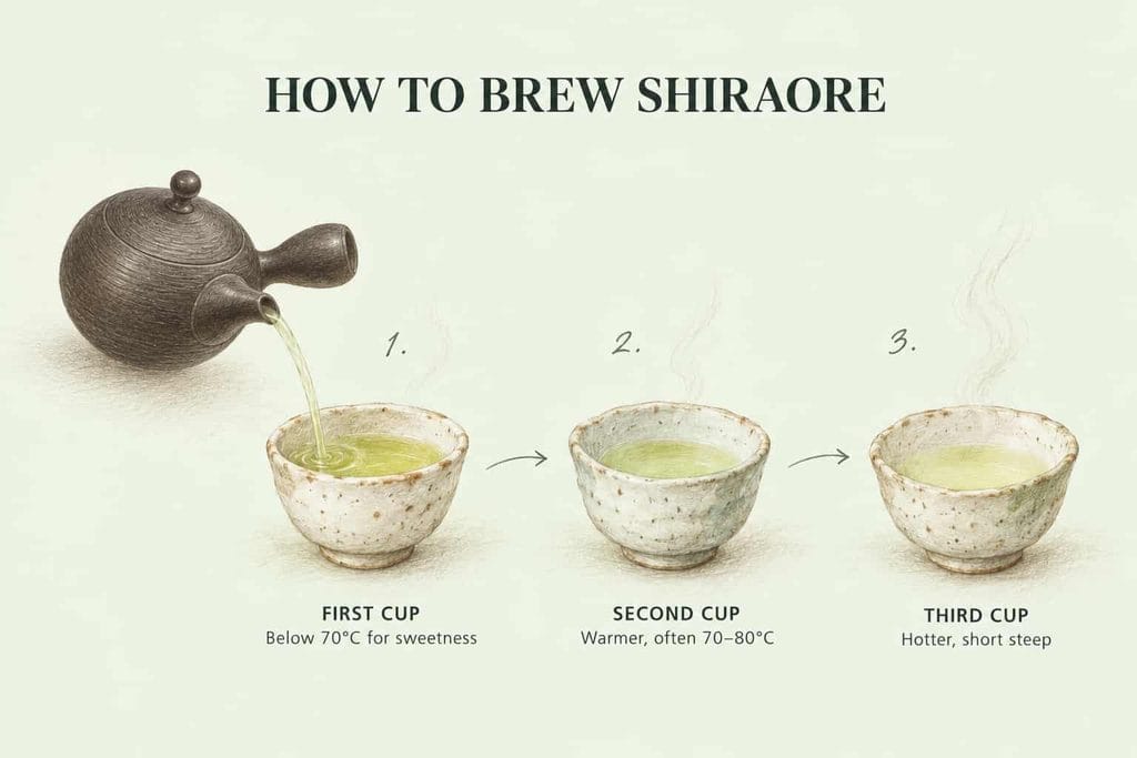 Illustrated guide to brewing shiraore over three infusions, starting below 70°C and raising the water temperature each time