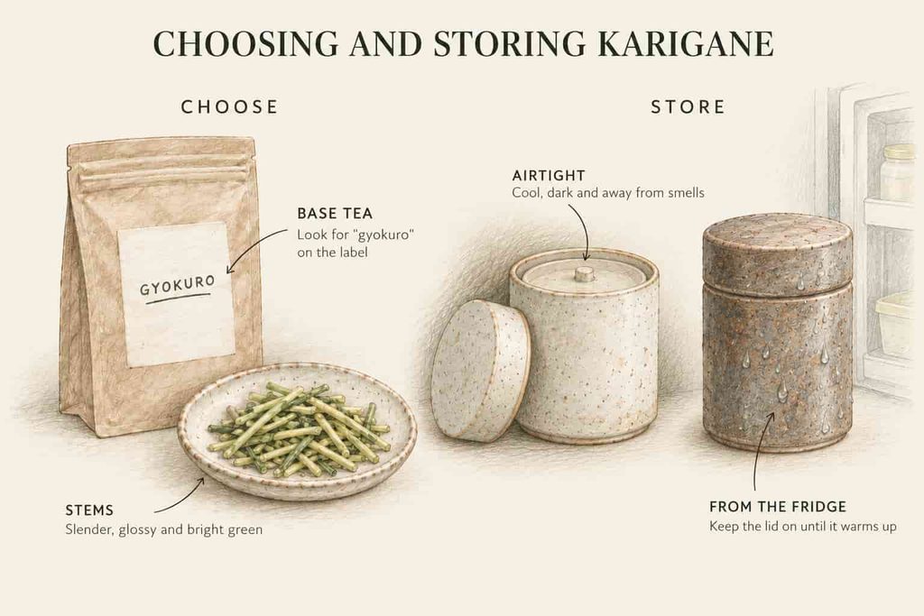 Illustrated guide to choosing and storing karigane: checking the label for gyokuro, bright green stems, an airtight canister and letting a chilled canister warm before opening