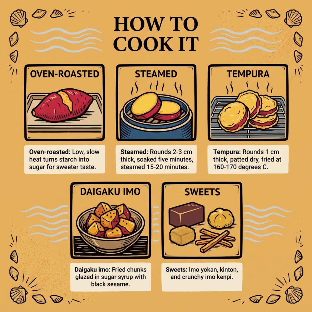 Five ways to cook Naruto Kintoki: oven-roasted, steamed, tempura, daigaku imo, and sweets