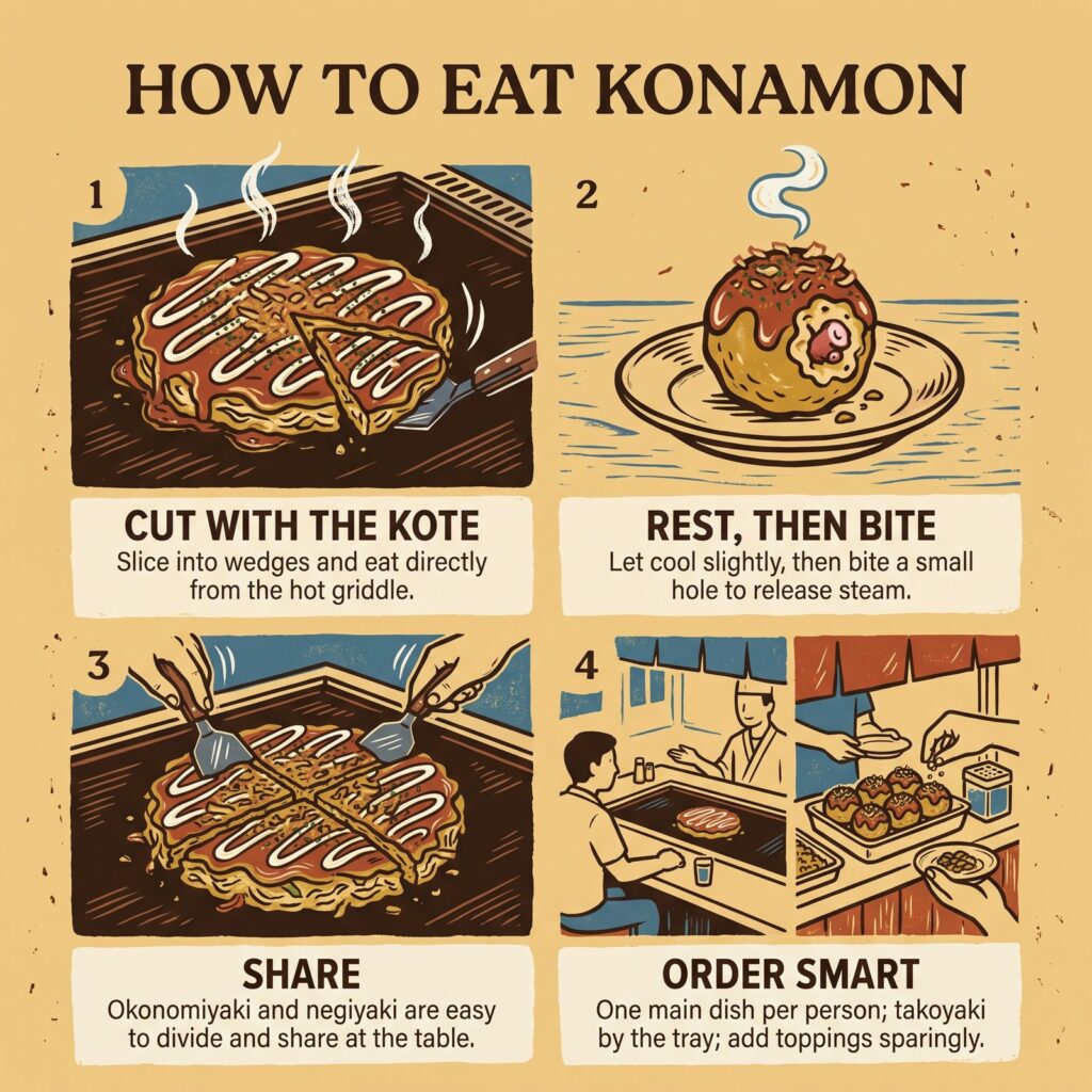 Empat tips menyantap konamon: potong dengan kote, diamkan takoyaki, berbagi, dan memesan