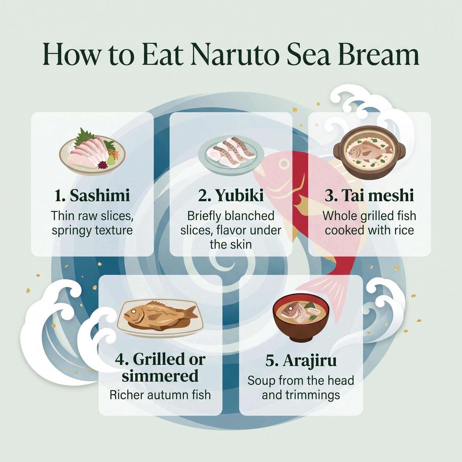 Illustration of ways to eat Naruto sea bream including sashimi and grilled dishes