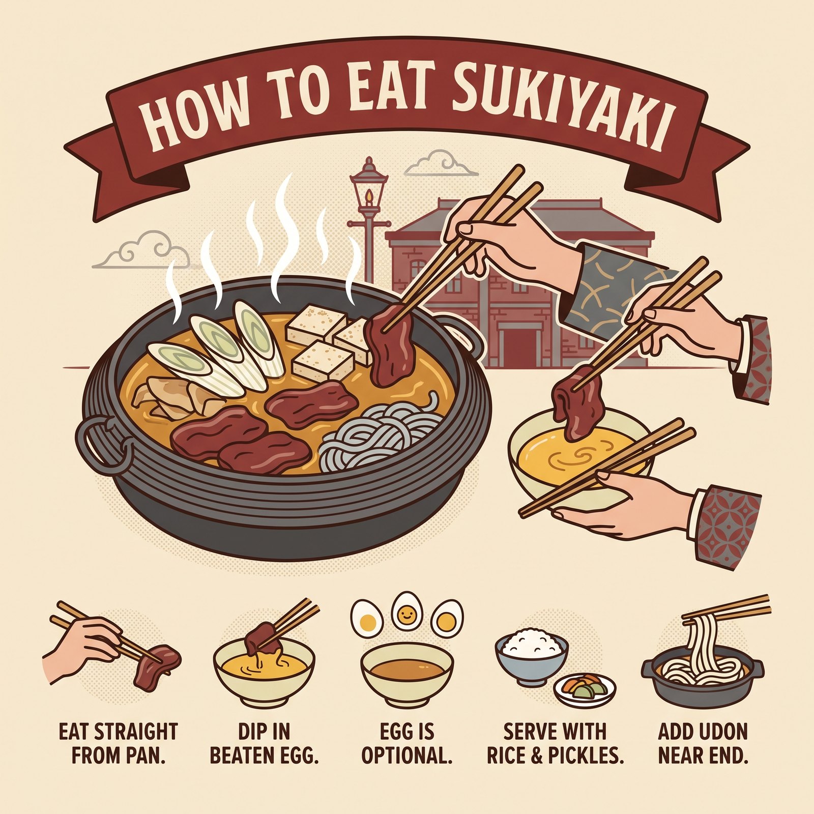 Illustration, wie man Sukiyaki aus der gemeinsamen Pfanne isst, in verquirltes Ei getunkt, mit Reis, eingelegtem Gemüse und zum Schluss Udon