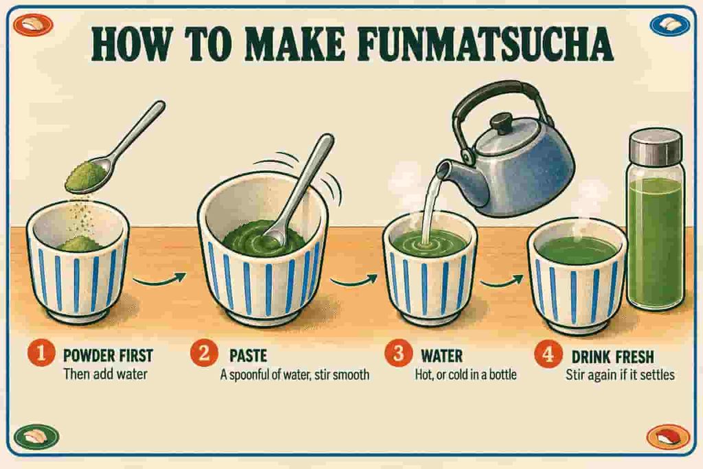 Illustrated guide to making funmatsucha at home: a paste of powder and a little water, then hot water stirred in a cup