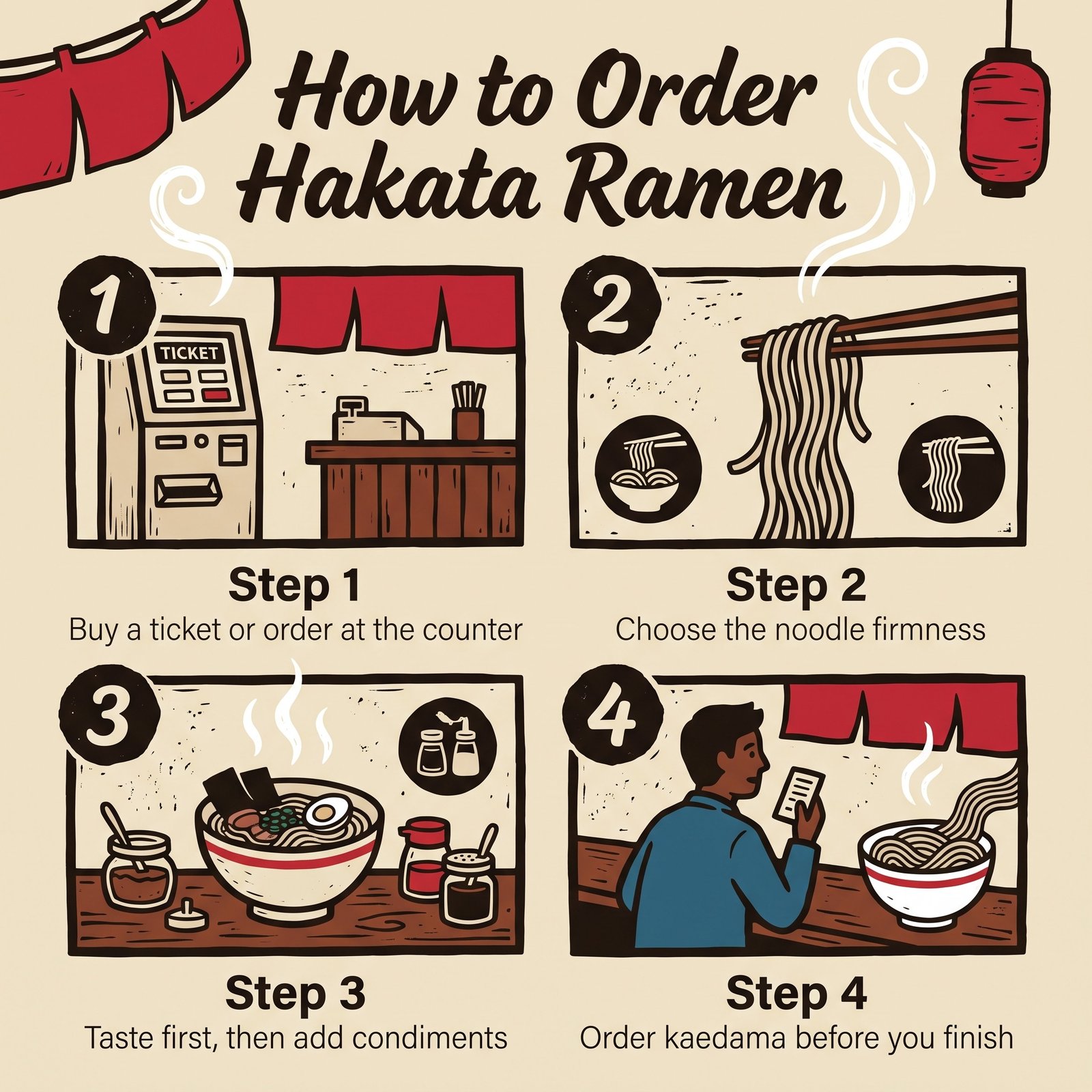 วิธีสั่ง Hakata ramen ในสี่ขั้นตอน: ตั๋ว ความแข็งของเส้น เครื่องปรุง และ kaedama