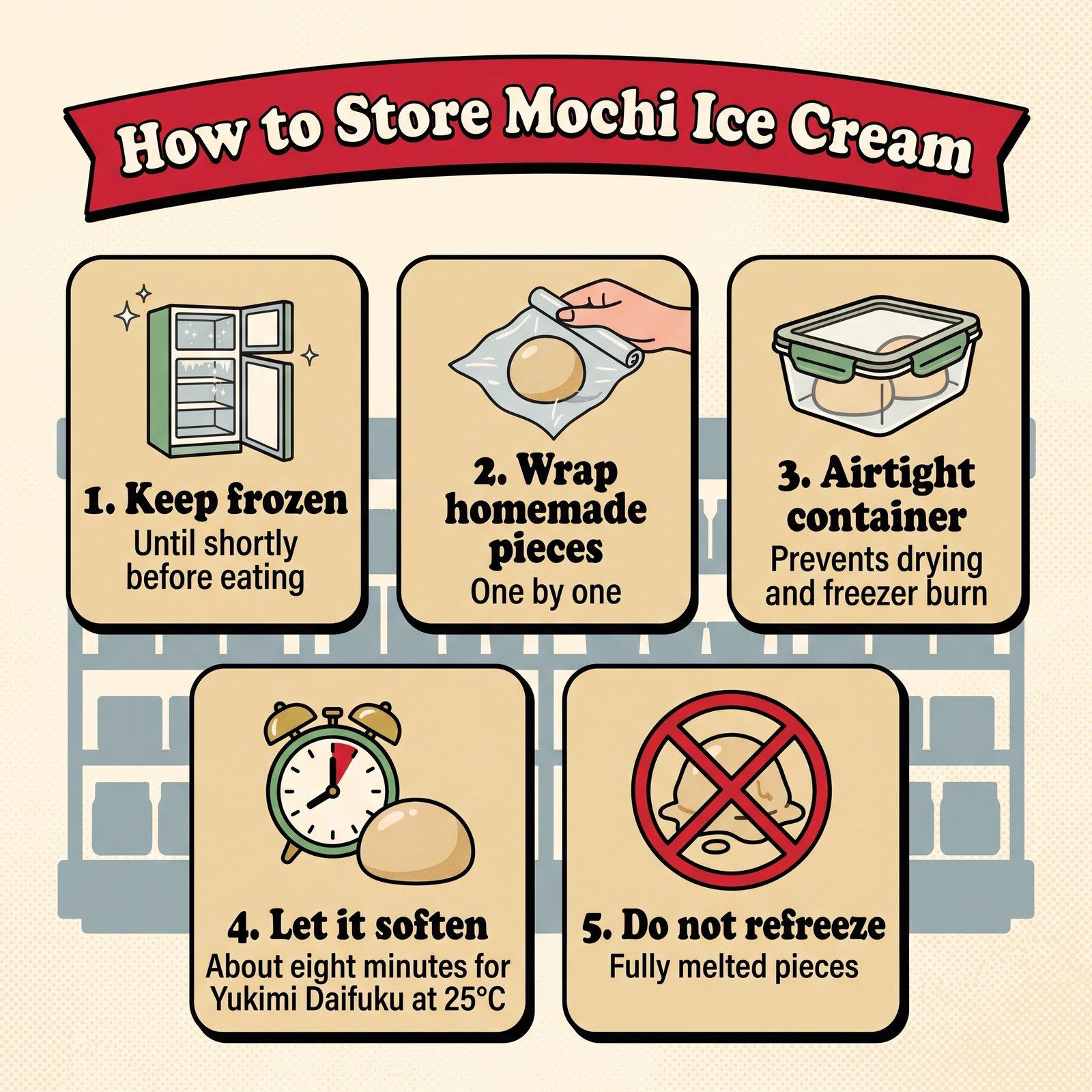Cómo conservar el helado de mochi: mantenerlo congelado, envolver las piezas caseras, usar un recipiente hermético, dejar que se ablande y no volver a congelar