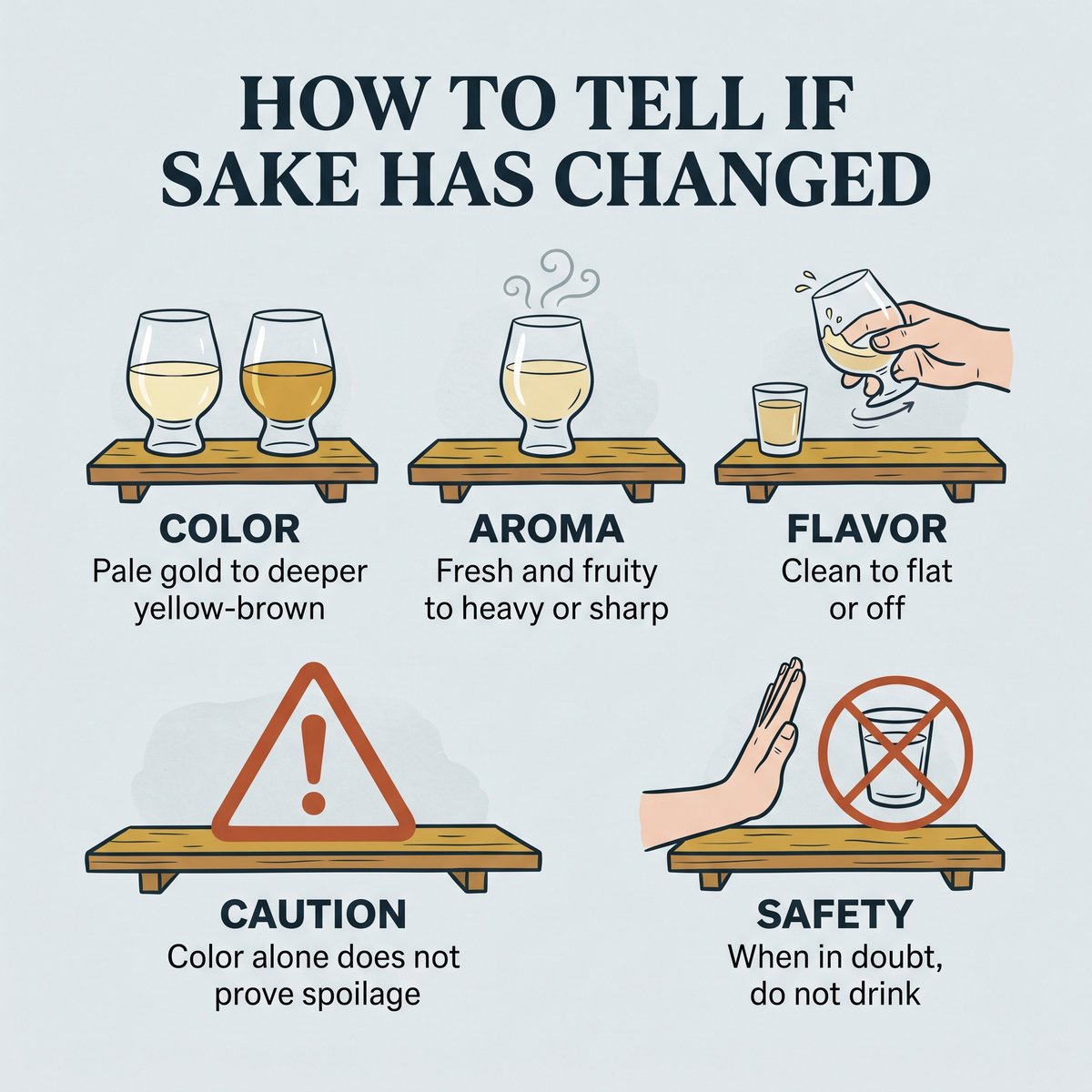 Illustration comparing pale gold and deeper yellow-brown sake with color, aroma and flavor checks and a caution not to drink if in doubt