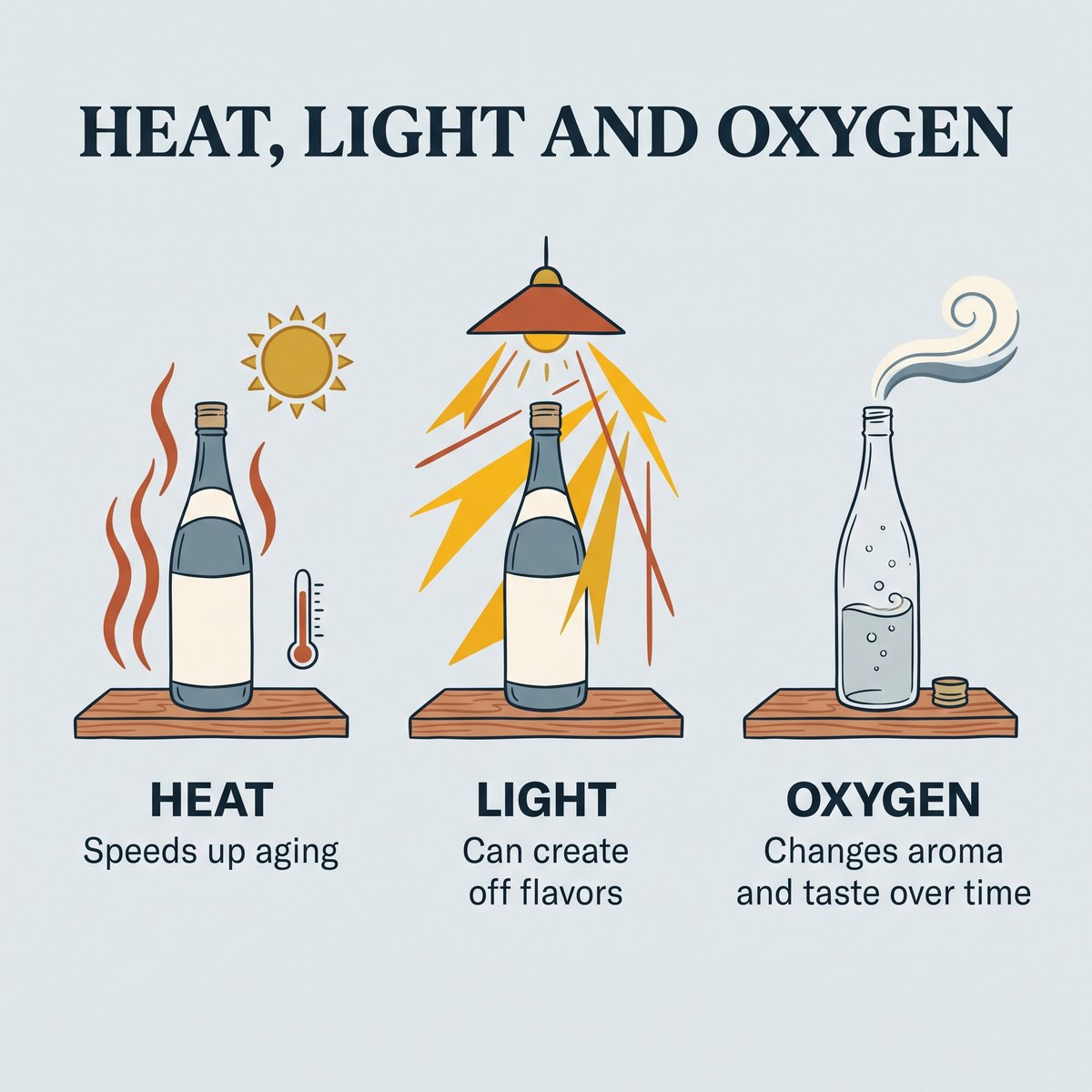 Illustration of heat, light and oxygen as the three main enemies of sake