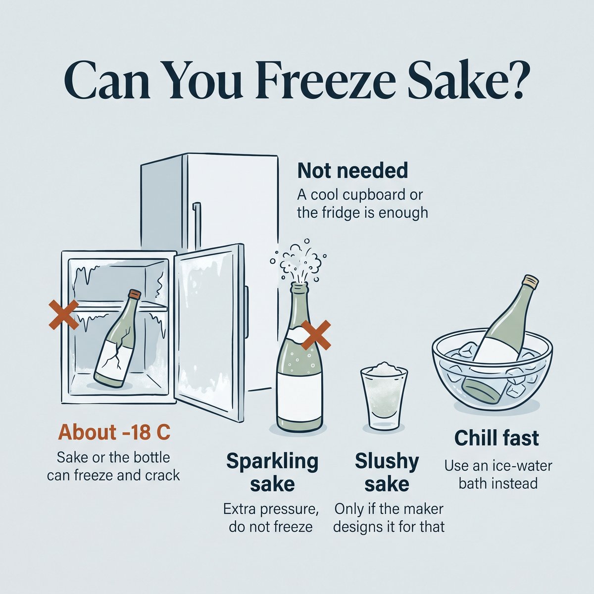 Illustration of why sake should not be frozen, with an ice-water bath as a quick way to chill it