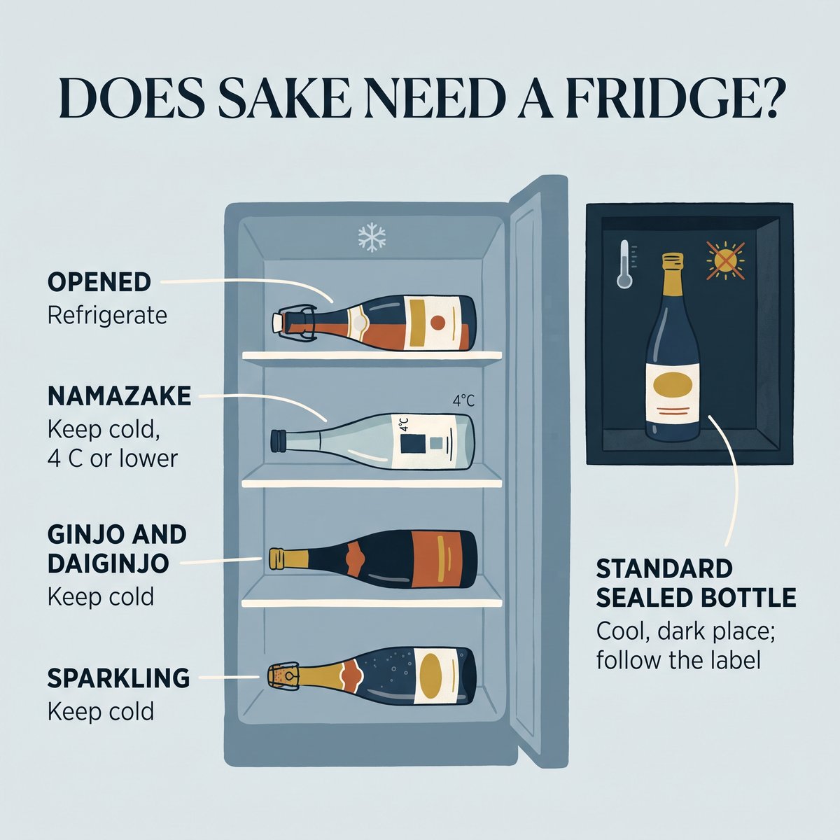 Illustration showing which sake should be refrigerated and which can stay in a cool, dark place