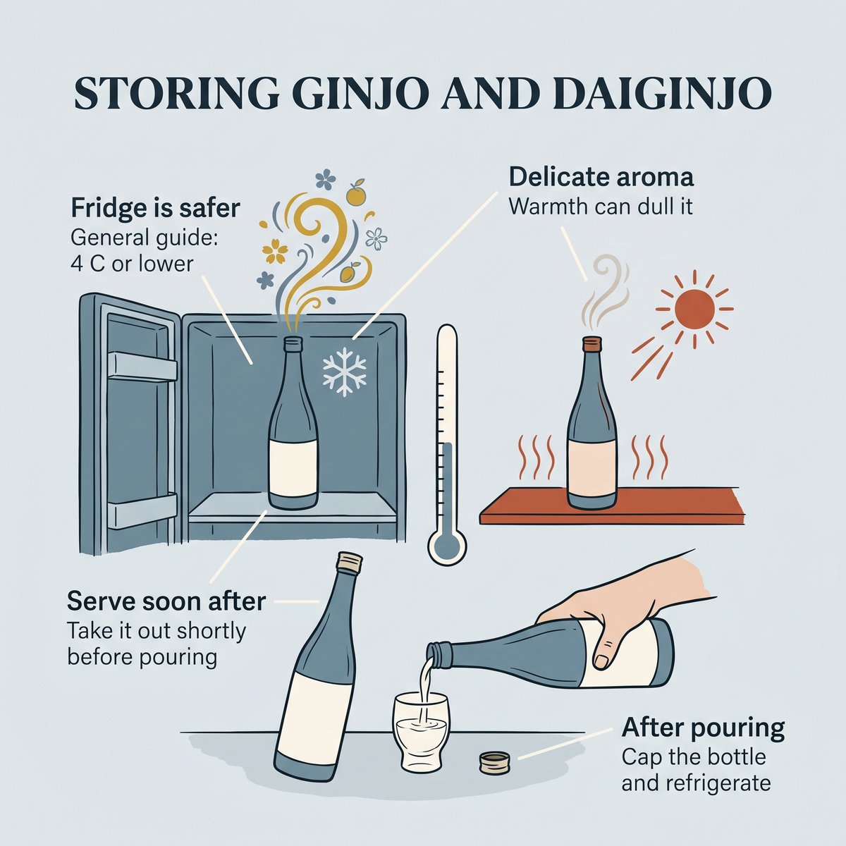 Illustration of storing ginjo and daiginjo: delicate aroma, fridge is safer, serve soon after taking it out, cap and refrigerate after pouring