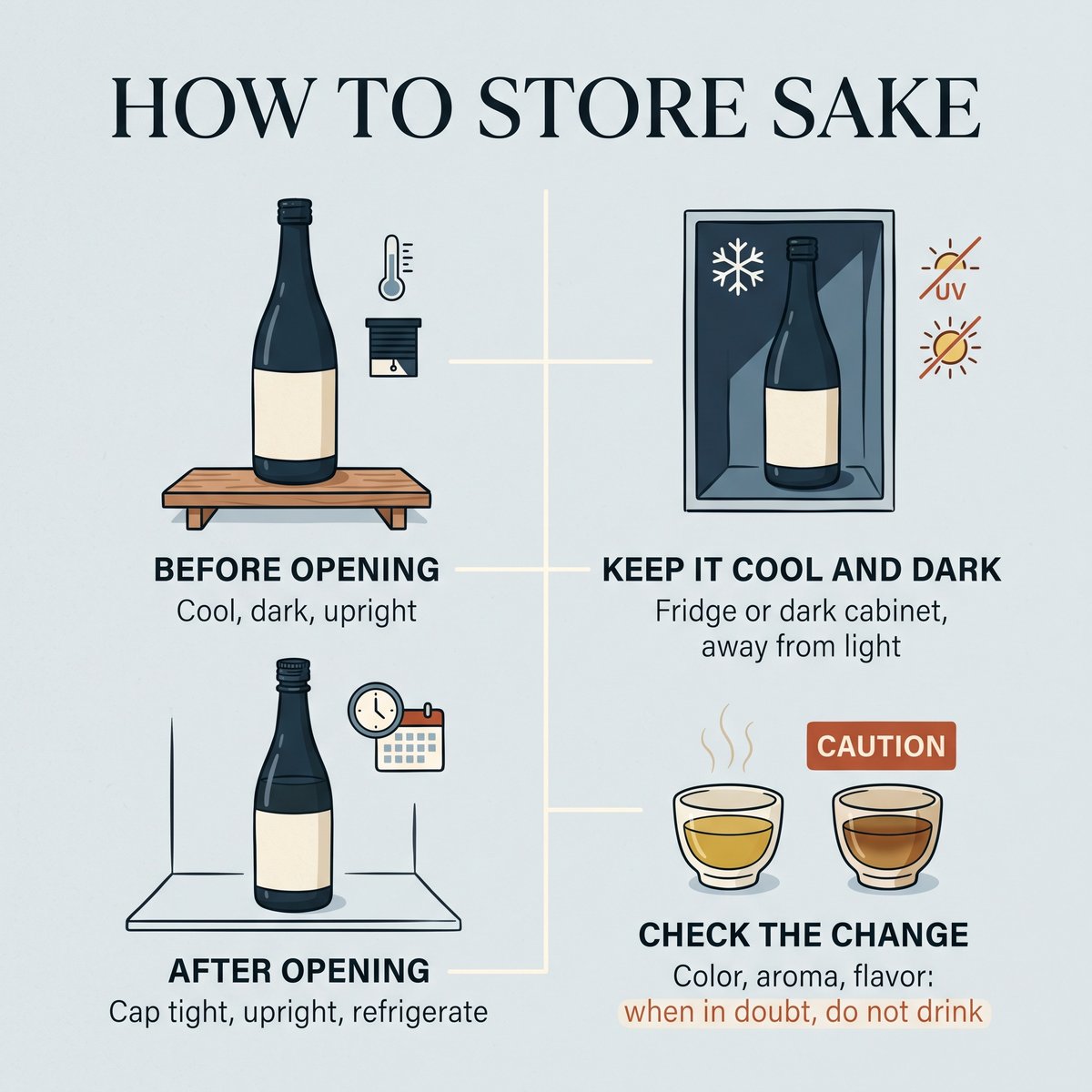 Four-stage infographic on how to store sake: before opening, keep it cool and dark, after opening, and check the change