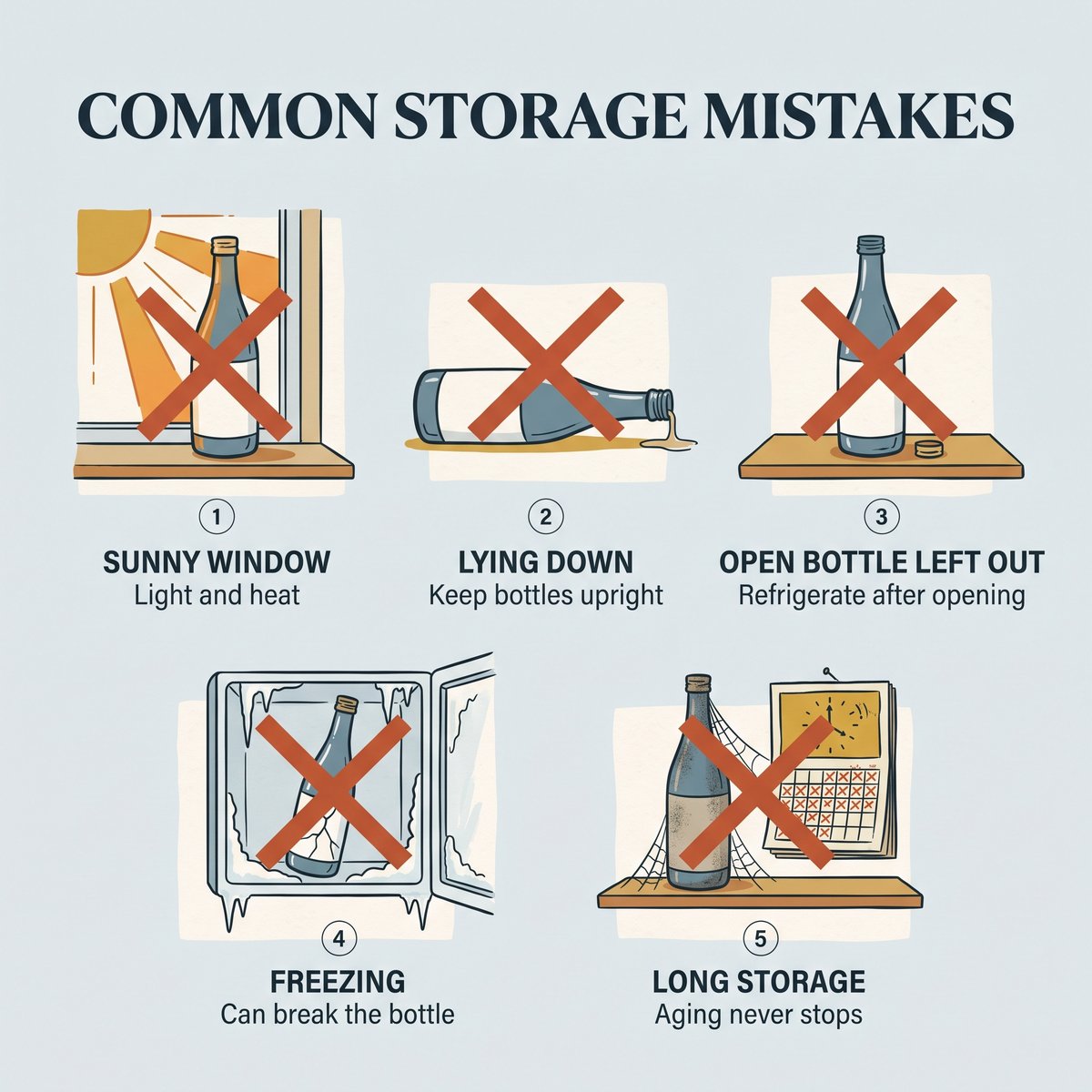 Illustration of five common sake storage mistakes: sunny window, lying down, open bottle left out, freezing and long storage