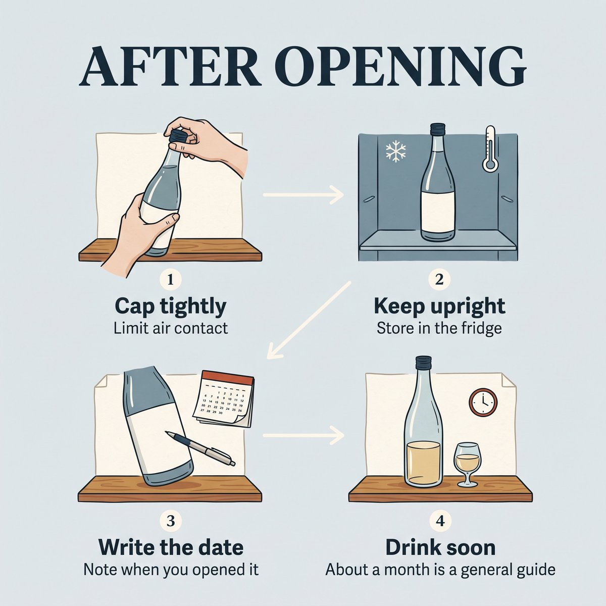 Four-step illustration of storing sake after opening: cap tightly, keep upright in the fridge, write the date, drink soon