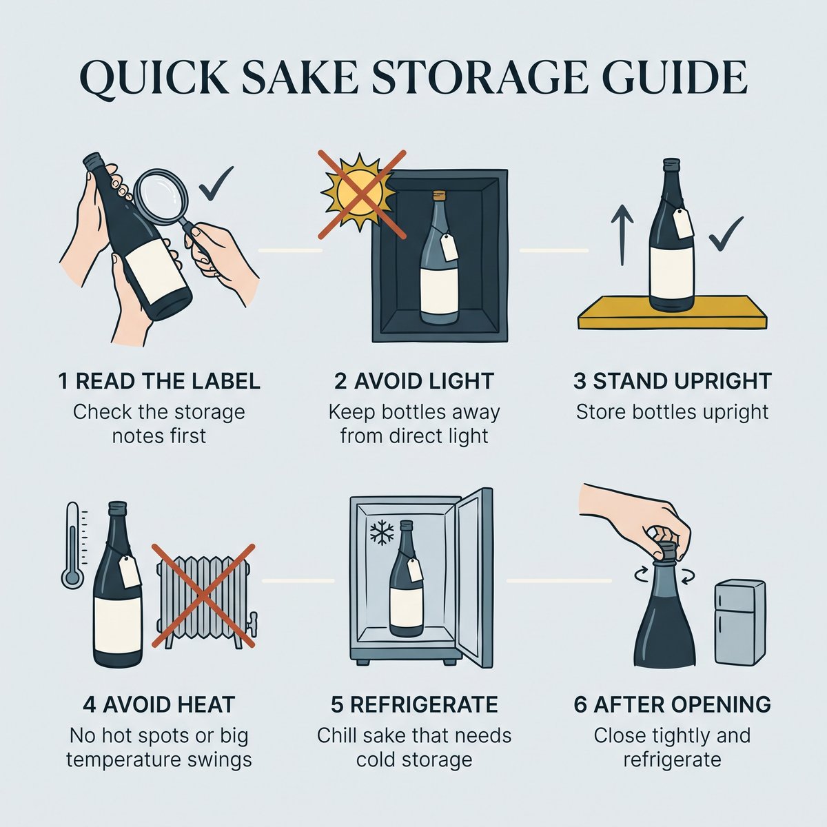 Six-step quick guide to storing sake: read the label, avoid light, stand upright, avoid heat, refrigerate, and close tightly after opening