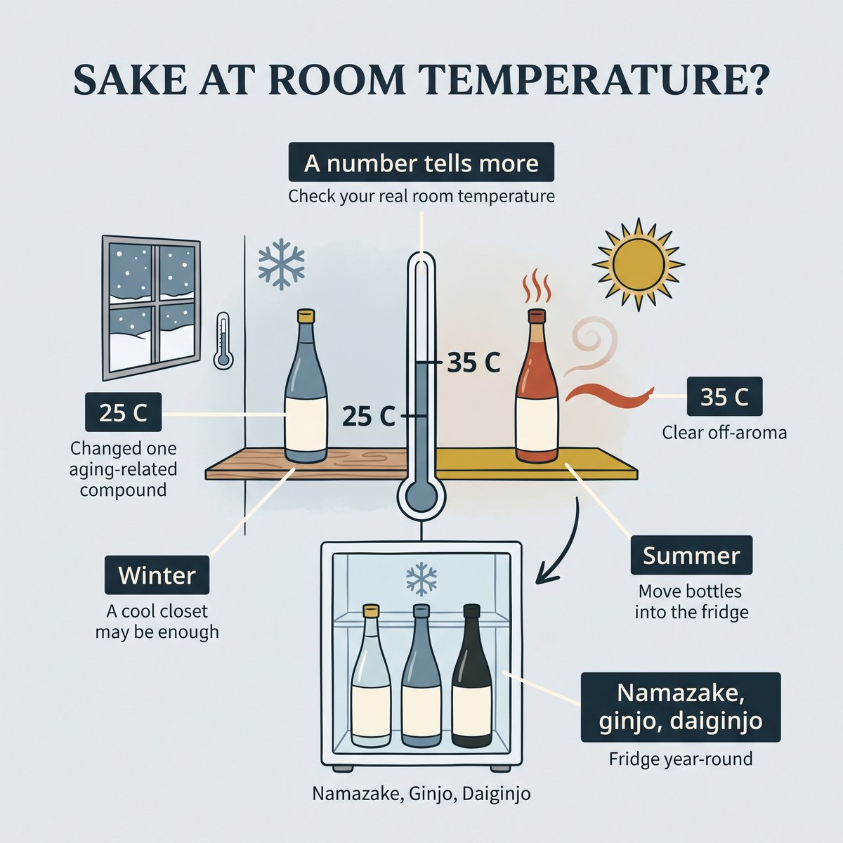 Illustration of storing sake at room temperature: what 25 and 35 degrees Celsius do, winter versus summer, and fridge year-round for namazake, ginjo and daiginjo