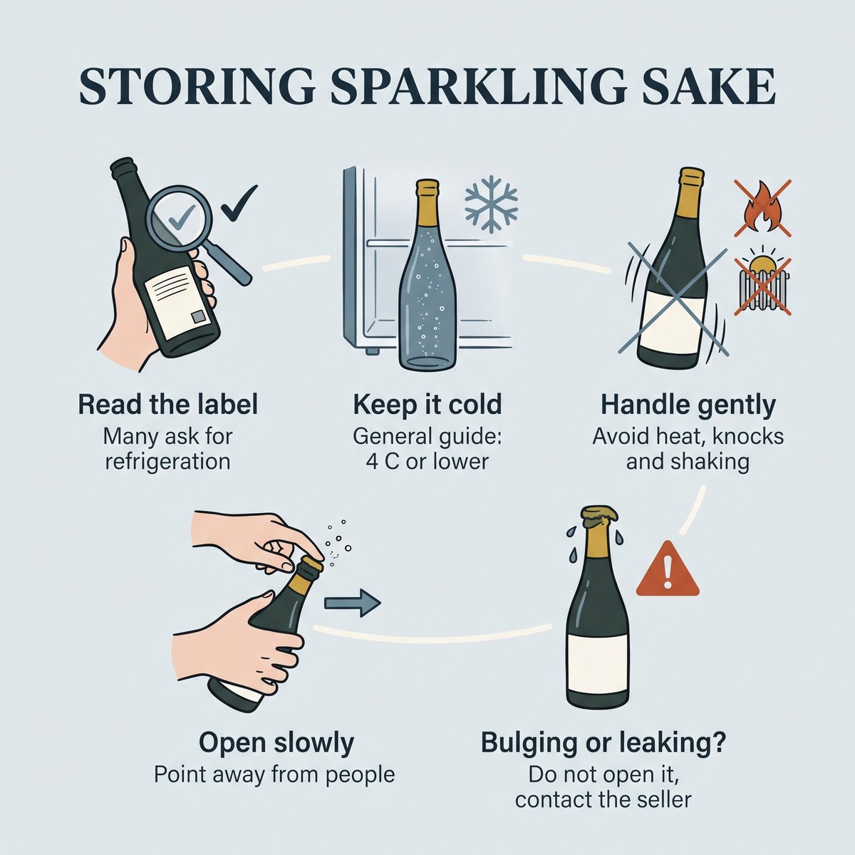 Illustration of storing sparkling sake: read the label, keep it cold, handle gently, open slowly and never open a bulging or leaking bottle