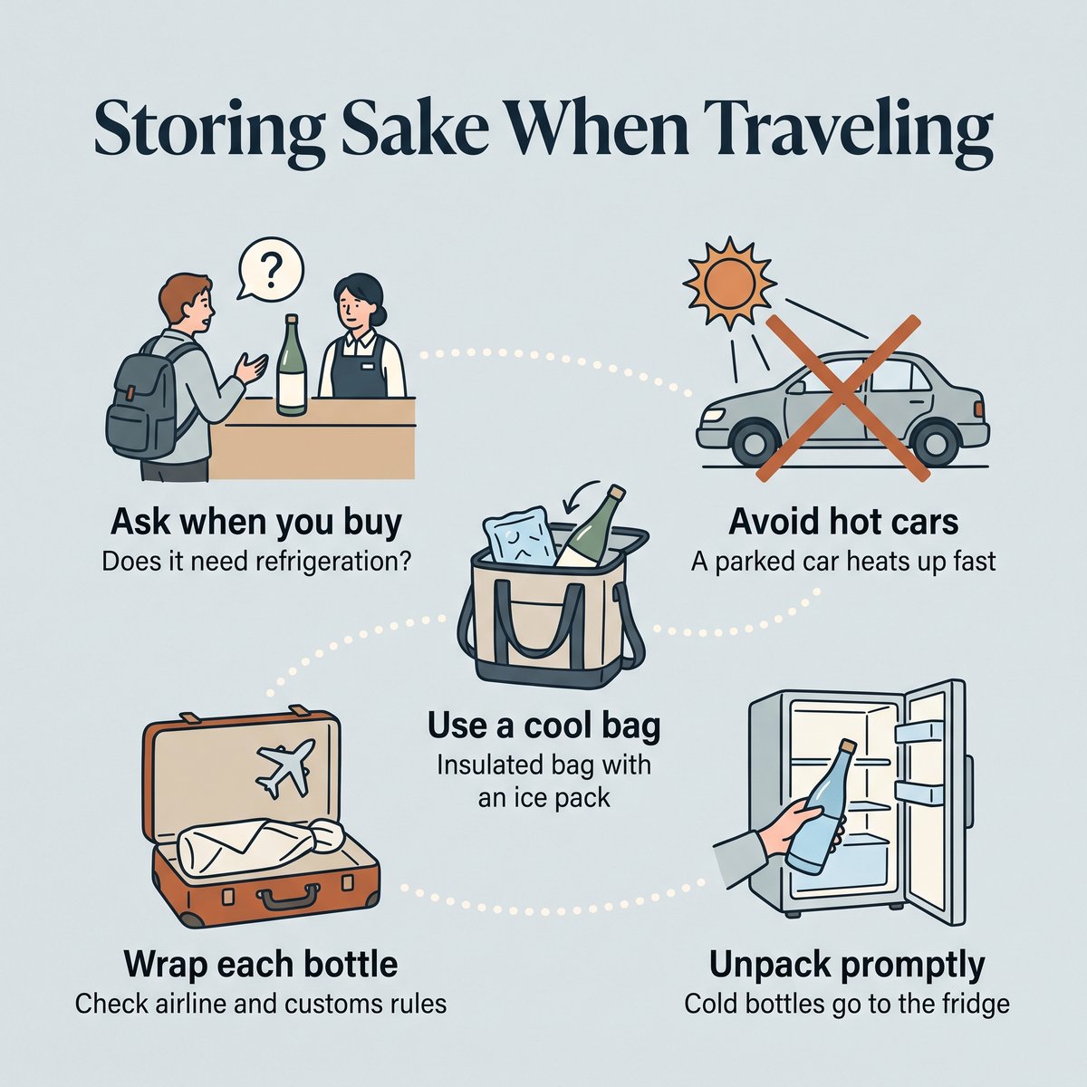 Illustration of five tips for storing sake while traveling, from asking at the shop to unpacking promptly