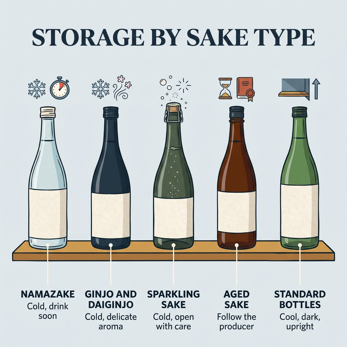 Illustration of storage advice for namazake, ginjo and daiginjo, sparkling sake, aged sake and standard bottles