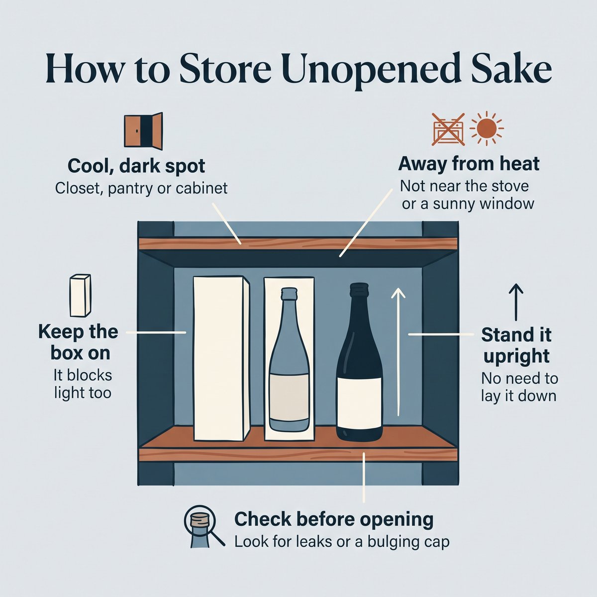 Illustration of storing unopened sake upright in a cool, dark cabinet, away from heat, with its box on and checked for leaks