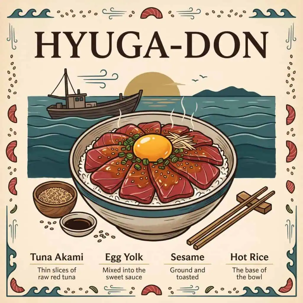 Illustrated poster of a Hyugadon rice bowl with tuna slices and an egg yolk beside a fishing boat