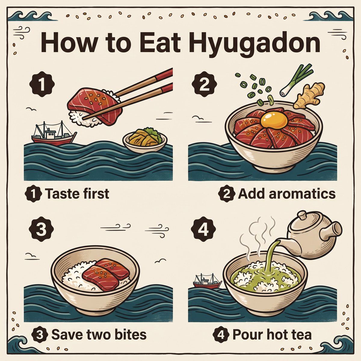 Four-step illustration of how to eat Hyugadon, ending with hot green tea poured over the rice
