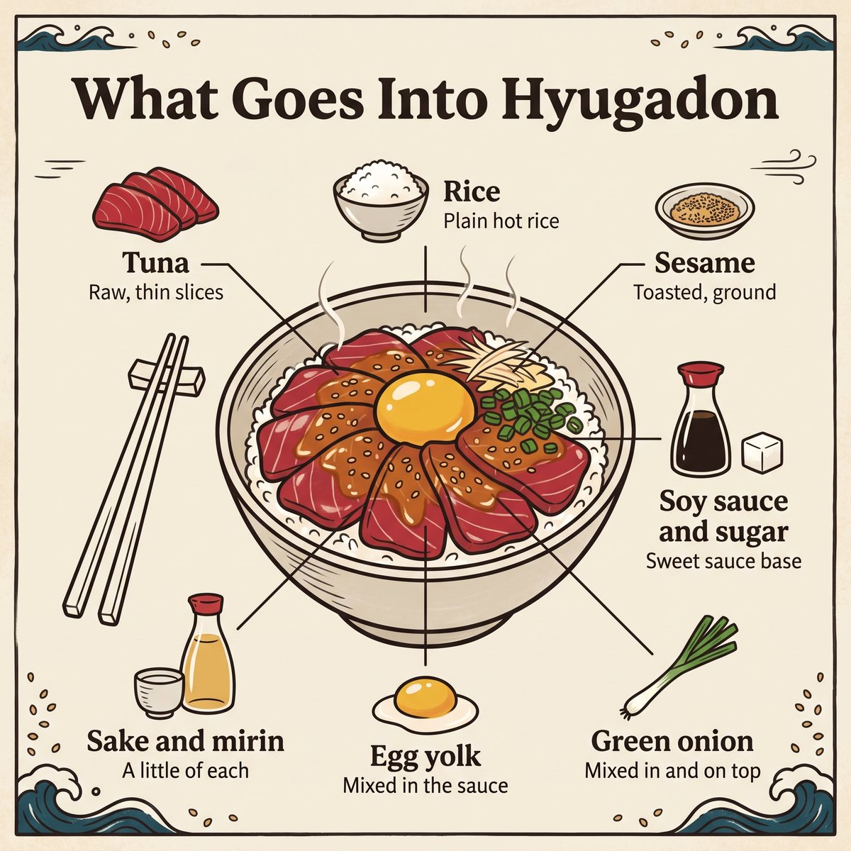 Illustration of the seven ingredients around a Hyugadon bowl: tuna, rice, sesame, soy sauce and sugar, sake and mirin, egg yolk, green onion