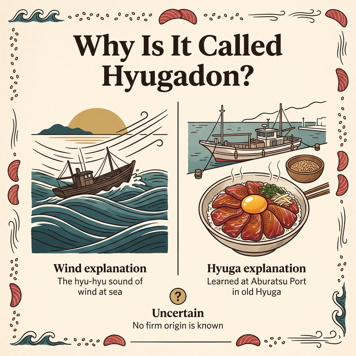 Illustration of two explanations for the name Hyugadon: sea wind and the old Hyuga region