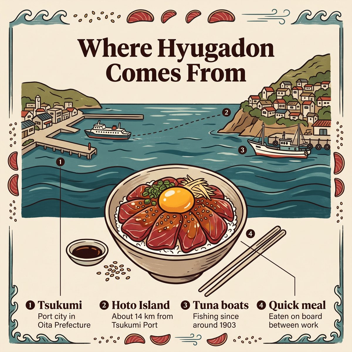 Illustration of Tsukumi port, a ferry route to hilly Hoto Island and a tuna boat above a Hyugadon bowl