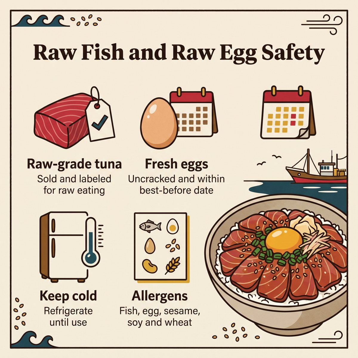 Illustration of raw fish and raw egg safety tips: raw-grade tuna, fresh eggs, cold storage and allergens