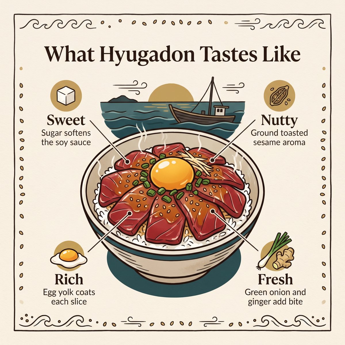 Illustration of a Hyugadon bowl with four flavor notes: sweet, nutty, rich and fresh