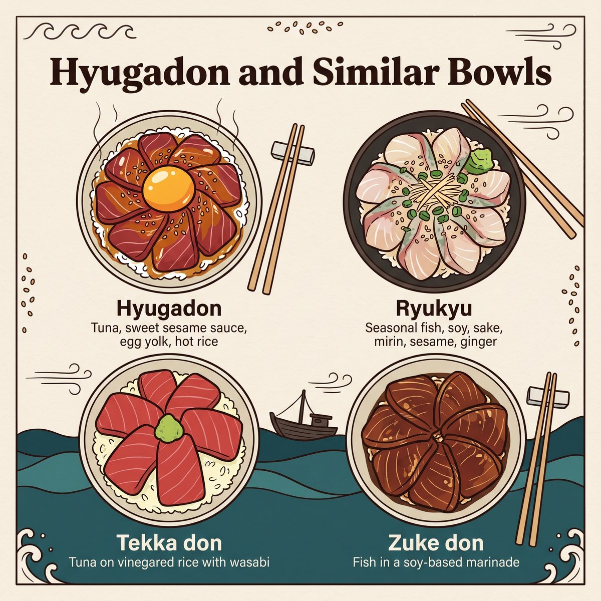 Illustration comparing Hyugadon with ryukyu, tekka don and zuke don bowls