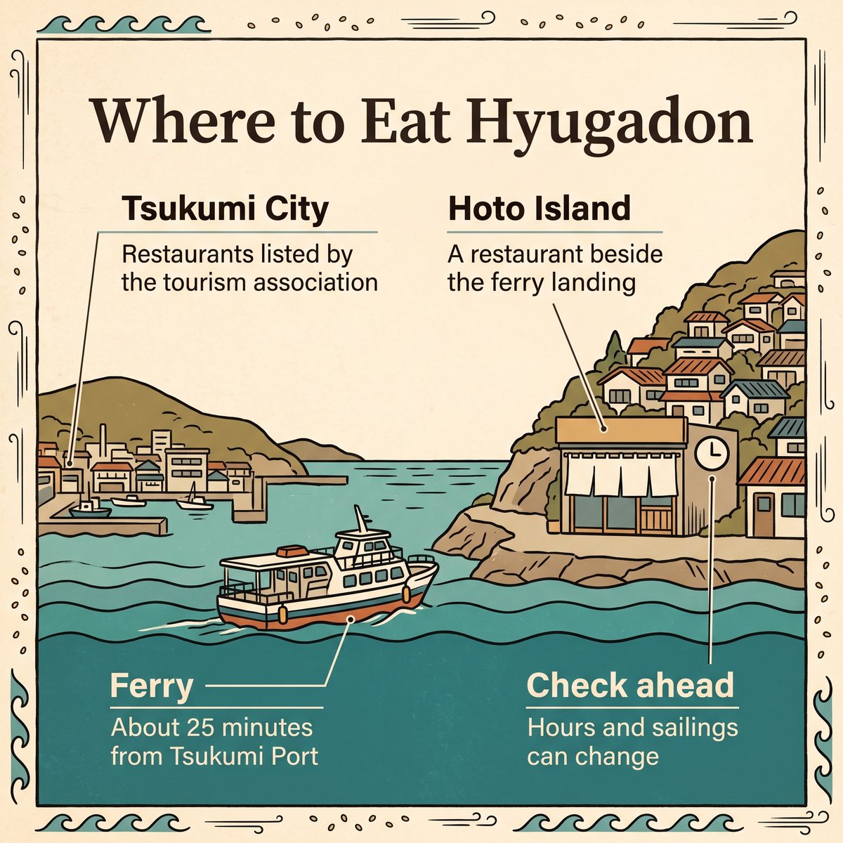 Illustration of a ferry crossing to Hoto Island, where a restaurant serves Hyugadon