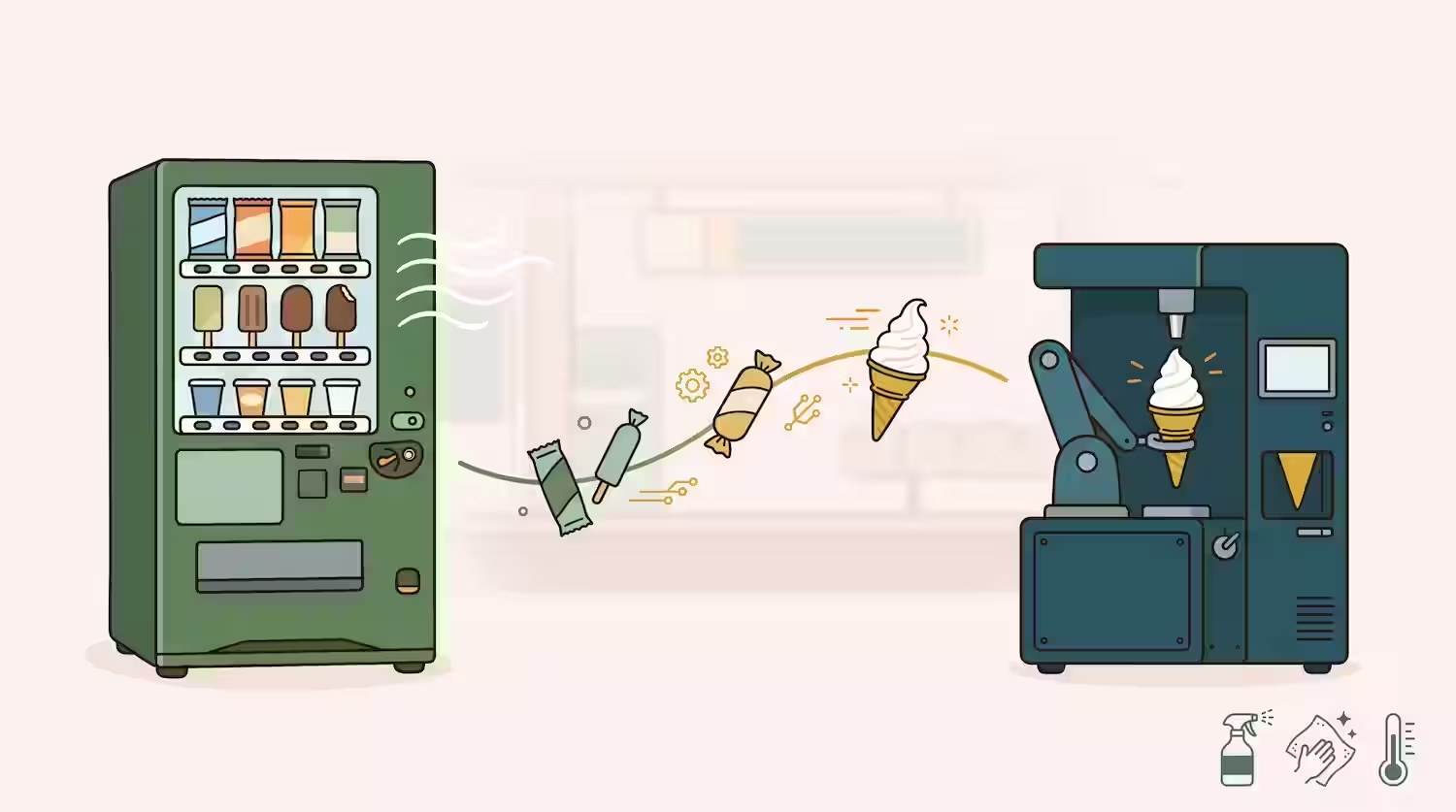 Illustrated poster of a classic Japanese ice cream vending machine on the left and a soft-serve robot machine on the right