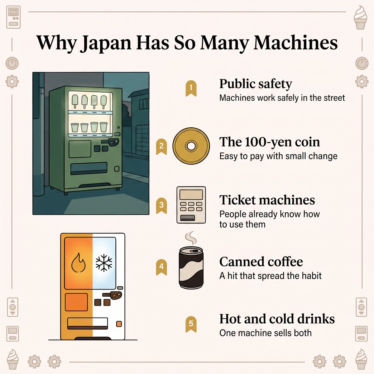 Illustrated five reasons Japan has so many vending machines: public safety, the 100-yen coin, familiarity with ticket machines, canned coffee and hot and cold drink machines