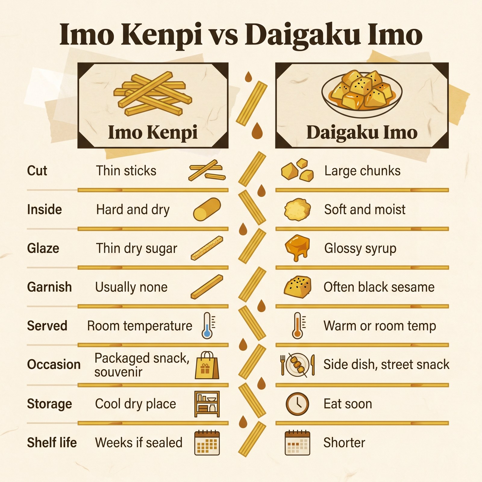 Perbandingan delapan baris Imo Kenpi dan Daigaku Imo menurut potongan, tekstur, glasir, hiasan, penyajian, kesempatan, penyimpanan, dan masa simpan