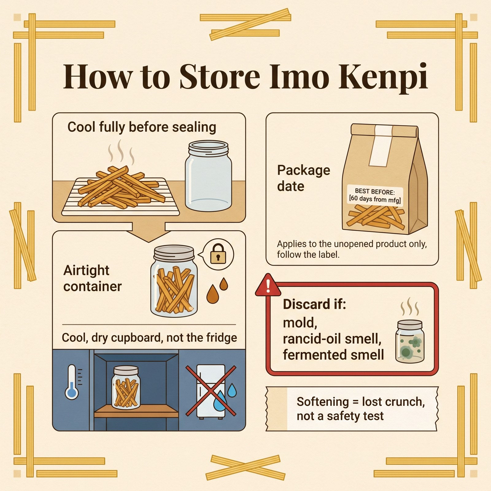 Tips penyimpanan bergambar untuk Imo Kenpi: dinginkan sepenuhnya, wadah kedap udara, lemari sejuk dan kering, tanggal pada kemasan, dan tanda-tanda yang harus dibuang