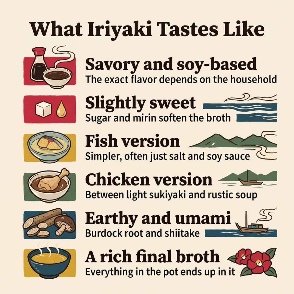 iriyaki의 맛을 나타낸 일러스트: 감칠맛 나는 간장 베이스, 살짝 단맛, 더 단순한 생선 버전, 닭고기 버전, 흙내음 나는 우엉과 표고버섯, 진한 마무리 국물