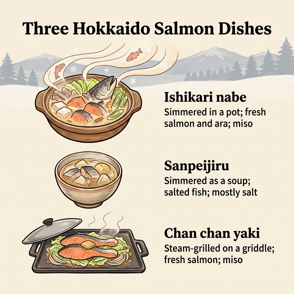 石狩鍋、sanpeijiru 與 chan chan yaki 的比較插圖