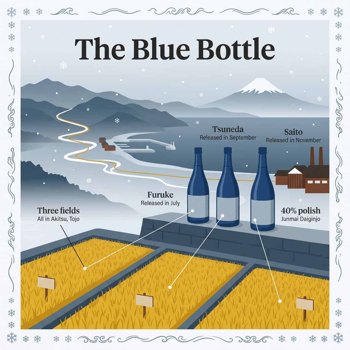 Illustration of three golden rice fields and three blue sake bottles representing the Furuke, Tsuneda and Saito single-field releases